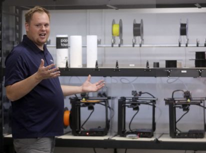 Eric Fowkes, Fortem Technologies drone architect, shows 3D printers being used to make masks for Provo police to use during the COVID-19 pandemic at Fortem Technologies in Pleasant Grove on Monday, March 30, 2020. Each printer can print two masks at a time and it takes about six hours to complete the print cycle. Kristin Murphy, Deseret News