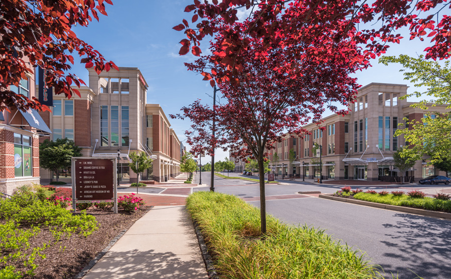 Streetscape at the Maple Lawn mixed-use community in Fulton, MD