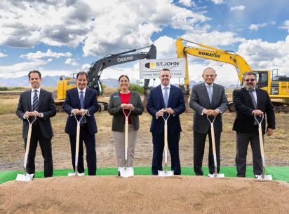 Members of St. John Properties and Broomfield City and County Mayor participating in the recent Simms Technology Park groundbreaking event, from left to right: Sean Doordan, Executive Vice President of Acquisitions & Growth; Lawrence Maykrantz, President & CEO; Mayor Guyleen Castriotta, Broomfield City & County; Brandon Jenkins, Regional Partner; Edward St. John, Founder & Chairman; Allen Rutherford, Director of Construction.