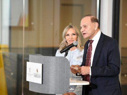 Edward and Jennifer St. John at a ceremony announcing the $10 million joint gift that will launch the Edward & Jennifer St. John Center for Translational Engineering and Medicine at the University of Maryland BioPark in Baltimore, Maryland.