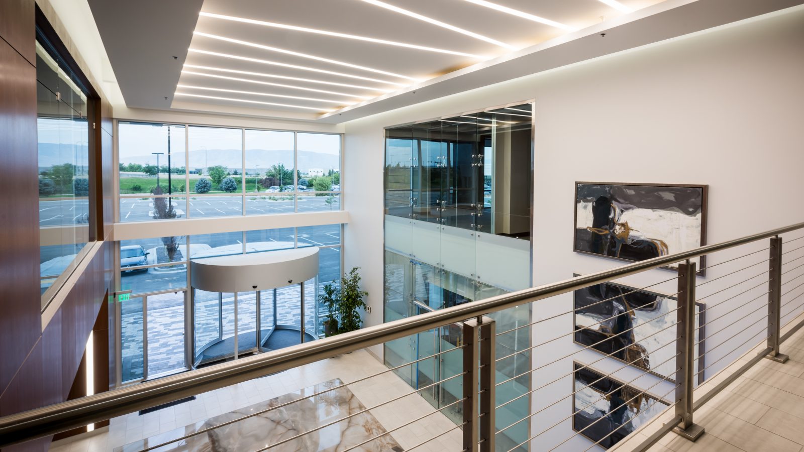 Multi-story office building lobby